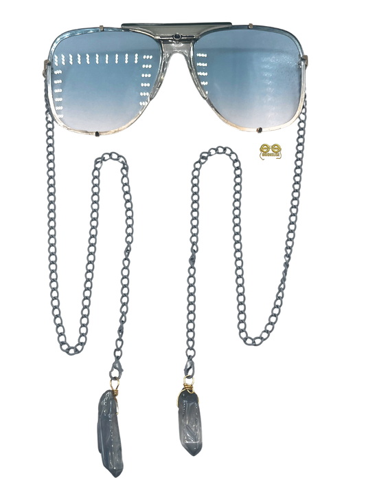 "Sweet Dreams" Chandelier Glasses by Orion Elise. Mixed material aviator frame with coated gray chain and dyed Quartz accents.